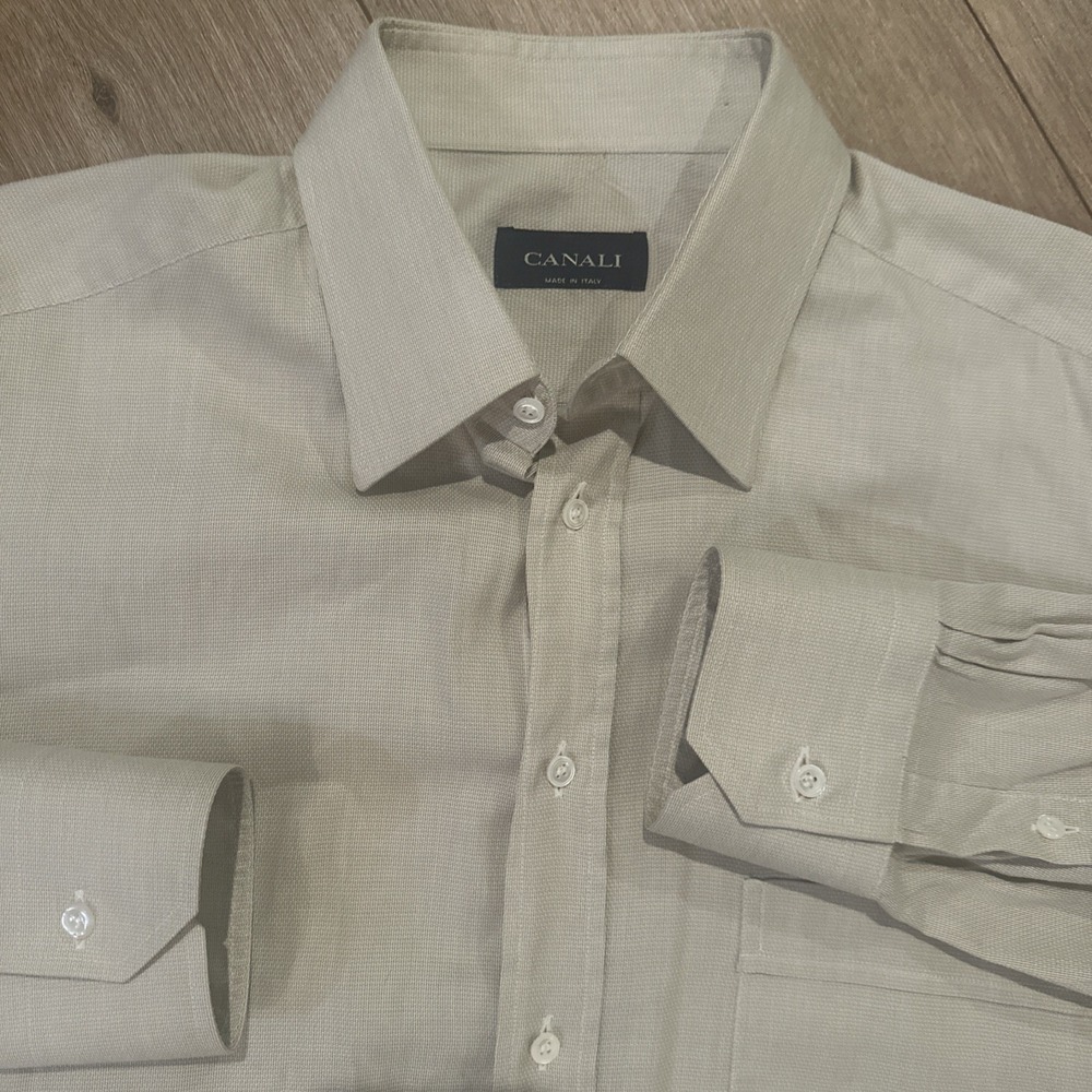 Canali Men's Dress Shirt Light Beige Micro Texture L/S 16.5/42 Made In Italy